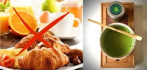 Links een ontbijt met croissants en een rood kruis er doorheen, rechts een kom matcha en een blikje 'Ceremonial Matcha' van The Matcha Man op een serveerblaadje.